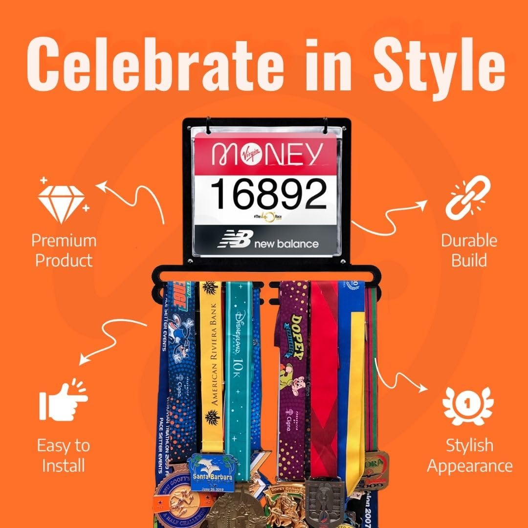 Vorlich® Race Bib & Medal Display – Medal Holder with Run APP & 4-Week Training Plan – Medal Hanger Display – Holds 50+ Medals & 100+ Race Bibs – Running Medal Hanger for Runners