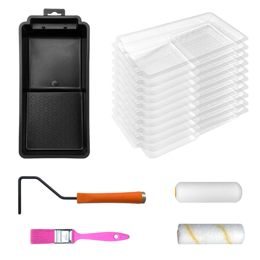 Greatandrew 4-inch Paint Roller Tray Set, 15-Pack Painting Tool Kit - 11 Paint Tray & Liners, Foam & Microfiber Paint Roller, Roller Frame, Paint Brush for Painting Wall, DIY Project