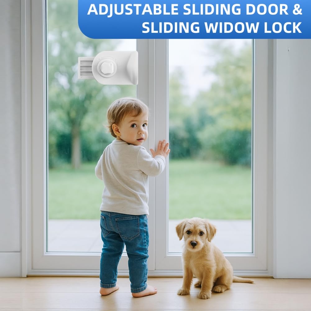Adjustable Sliding Window Patio Door Lock Child Pet Proof Sliding Closet Door Lock for Kids Safety Foot Locks Work on Glass or Wood for Patio Bedroom Home and Office (2, White)