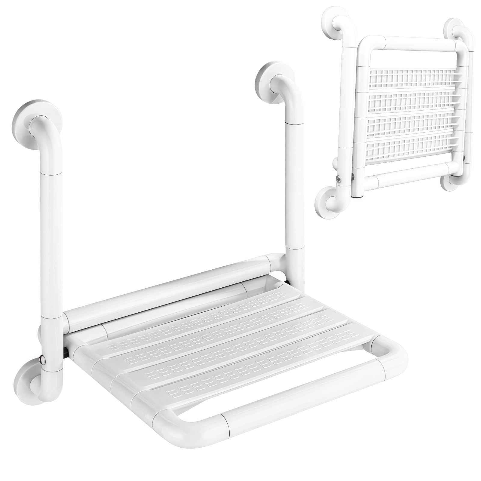 LELYFIT 16-Inch Wall Mounted Shower Seats with Armrests, Space-Saving Foldable Shower Bench for Small Bathrooms, Safety Wall-Mounted Foldable Shower Chair with Reflective Strips, Holds up to 330 lbs