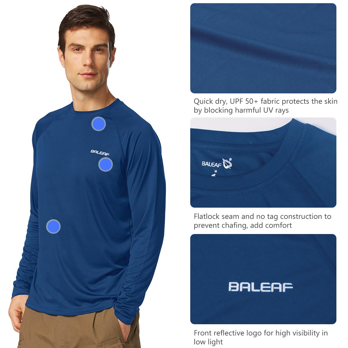 baleaf Mens UPF 50+ Sun Protection Shirts Long Sleeve Rash Guard, Quick Dry 4-Way Stretch for Fishing Swimming Surfing 01-Ocean Blue S