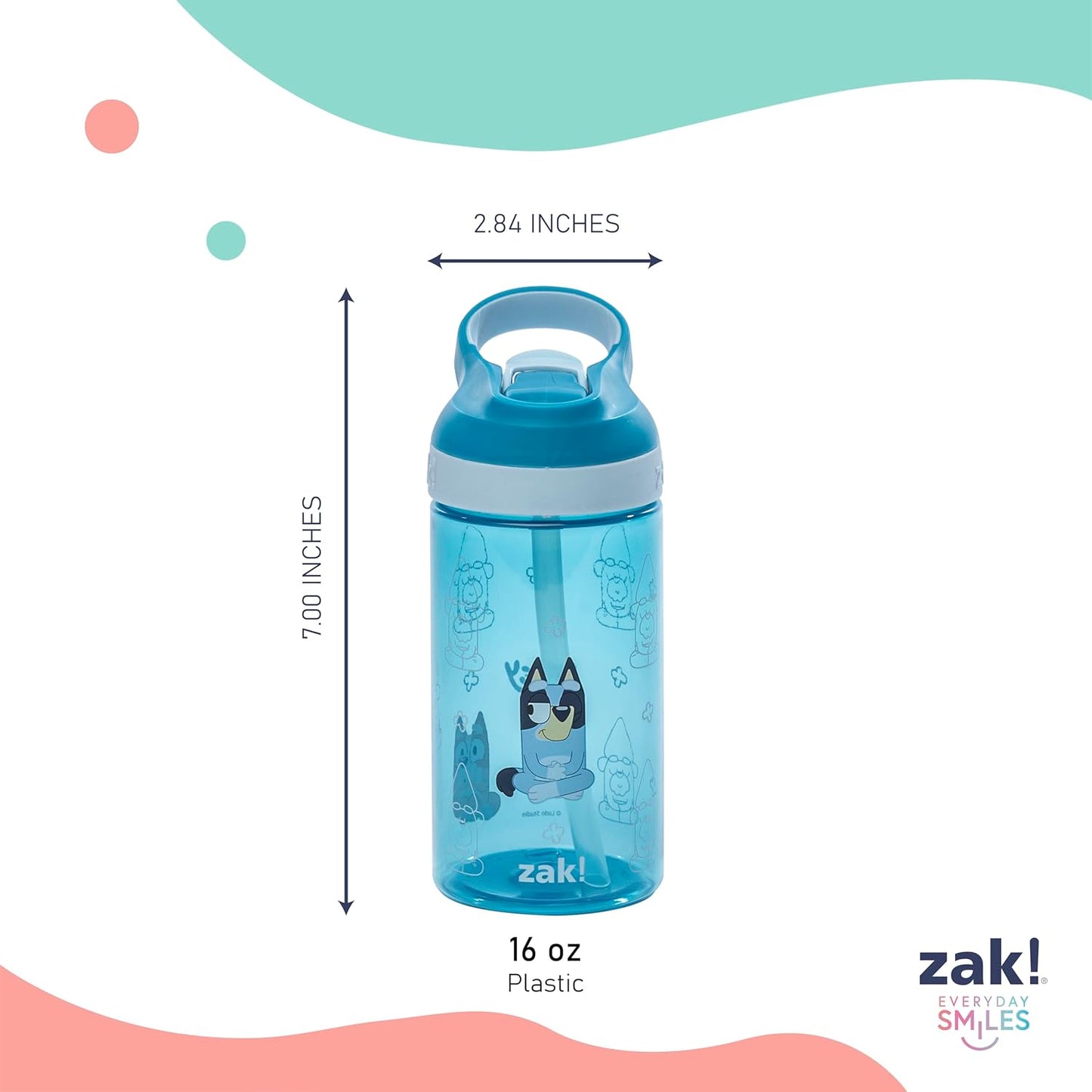 Zak Designs Bluey Kids Water Bottle - Durable 16oz Plastic with Straw & Leak-Proof Design | 2-Pack (Bluey, Bingo)
