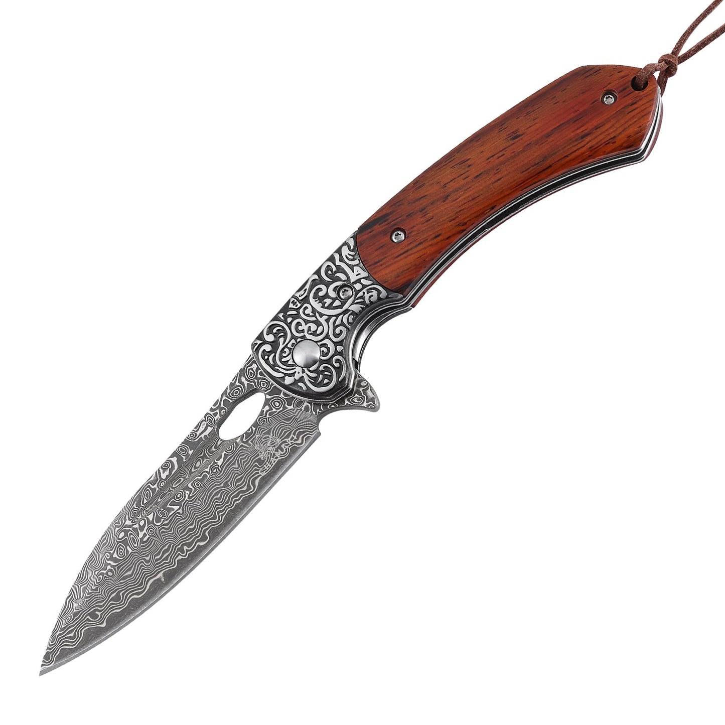 Damascuse Steel Pocket Knife with Leather Sheath - Fashionable Design Sandal Wood Handle 76 Layers VG10 Manual Damascus Folding Knife Sandel Wood Handle Collect Strong and Elegant Outdoor Pocket Knife