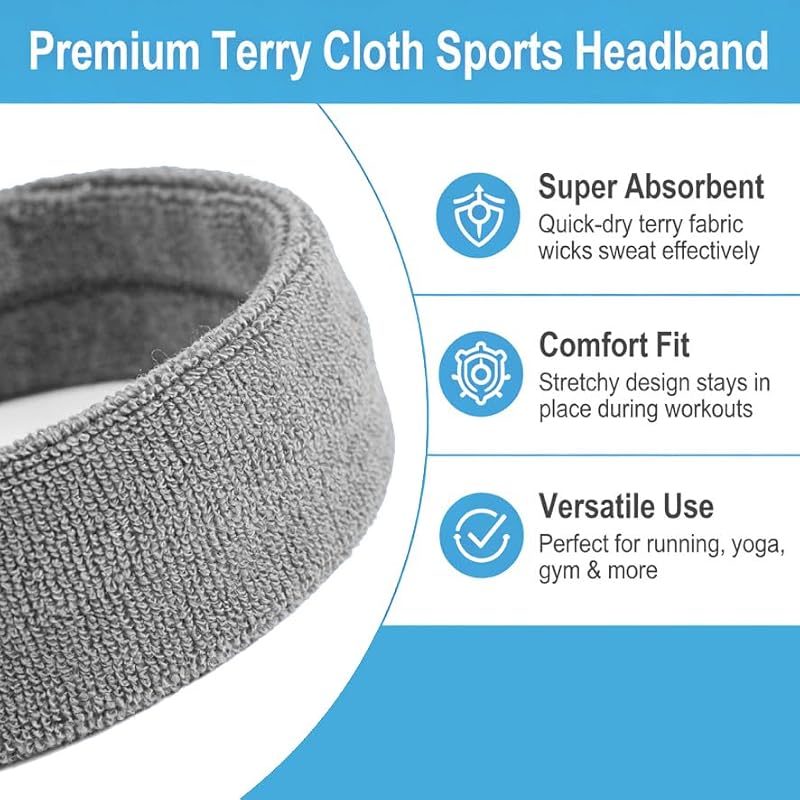 3 Pack Sports Sweatbands for Men & Women - White, Black, Gray