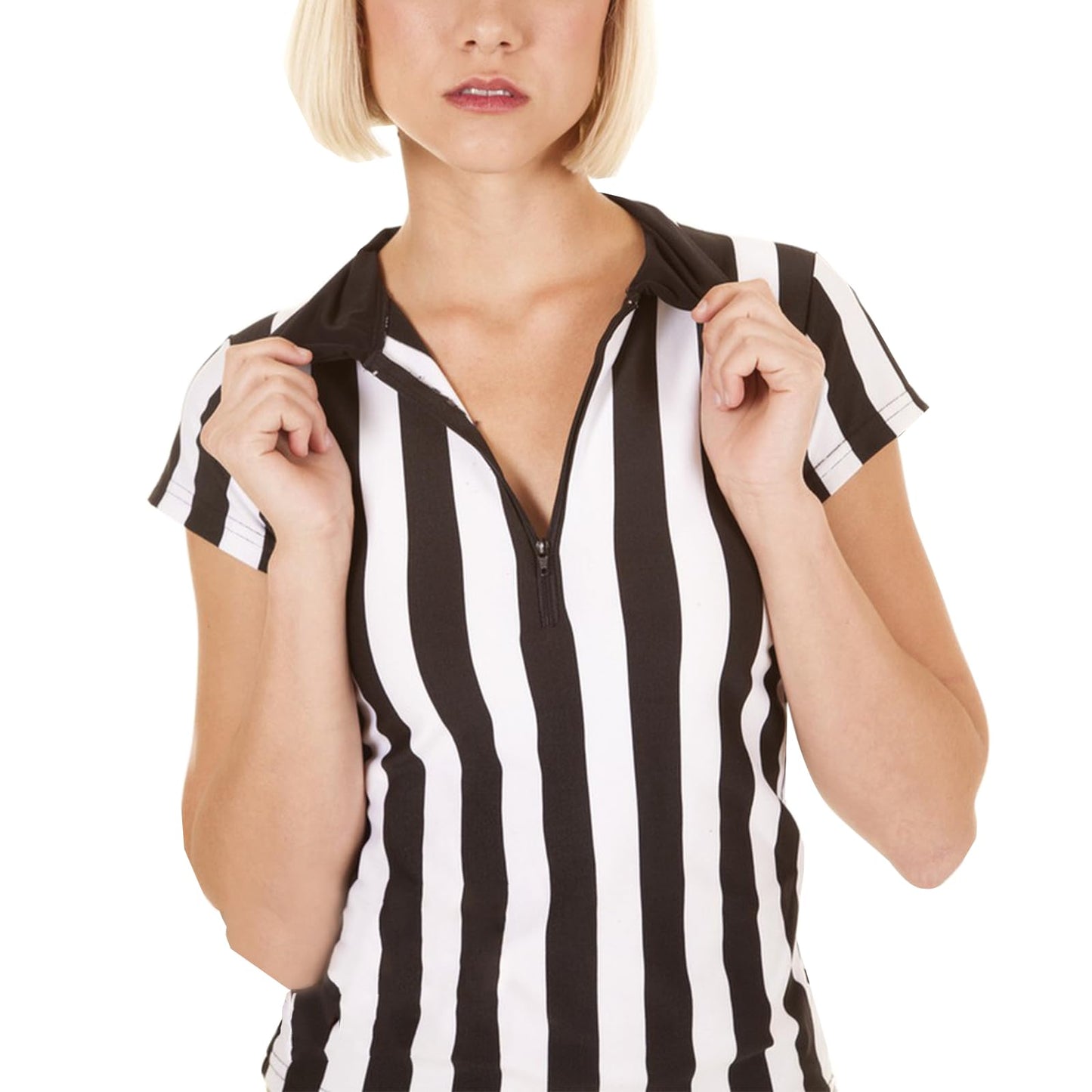 redgino Women's Referee Shirt Official Zipper Black and White Stripe Ref Umpire Jersey for Basketball Football Hockey Halloween Costume & Waitresses M