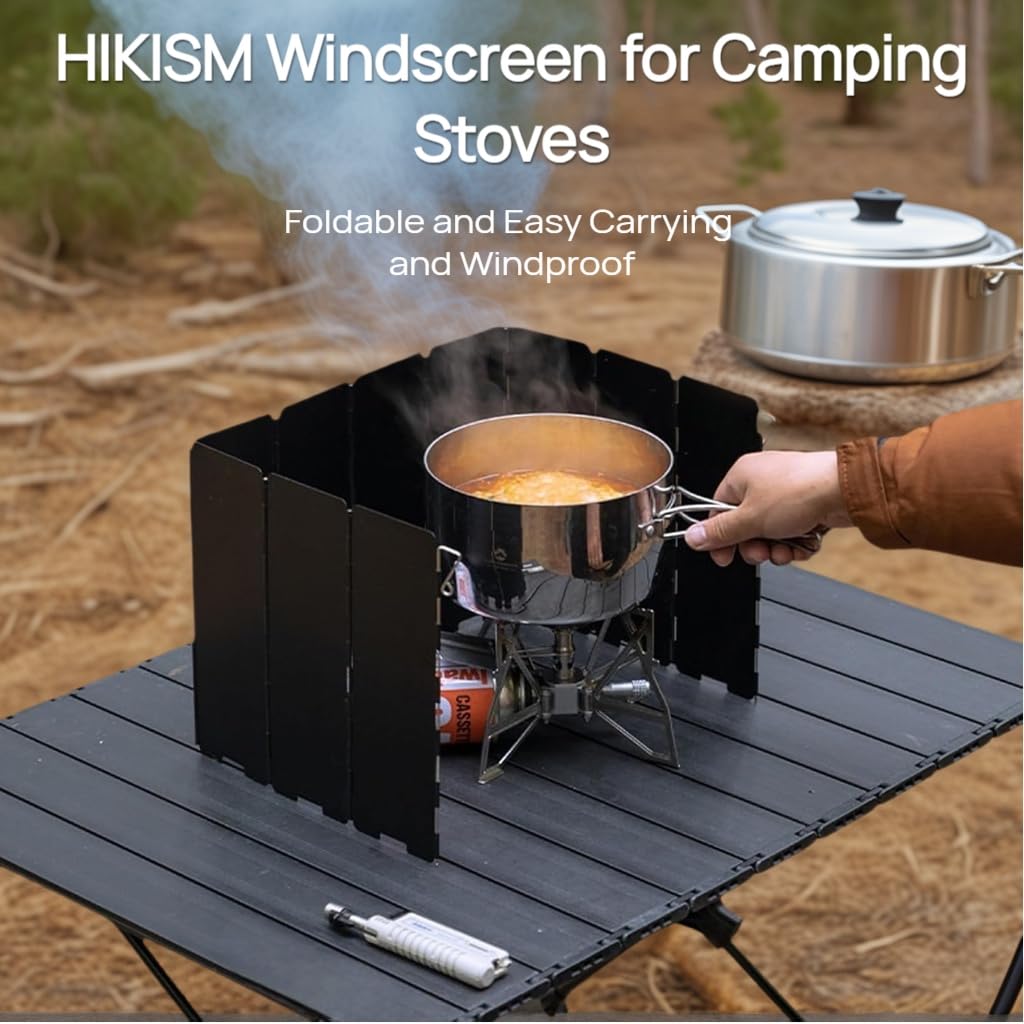 HIKISM Black Camping Stove Windscreen,Lightweight Aluminum Outdoor Windshield Gas Stove Wind Screen for Camping, Wind Guard Glamping, Hiking, Picnic, Backpacking