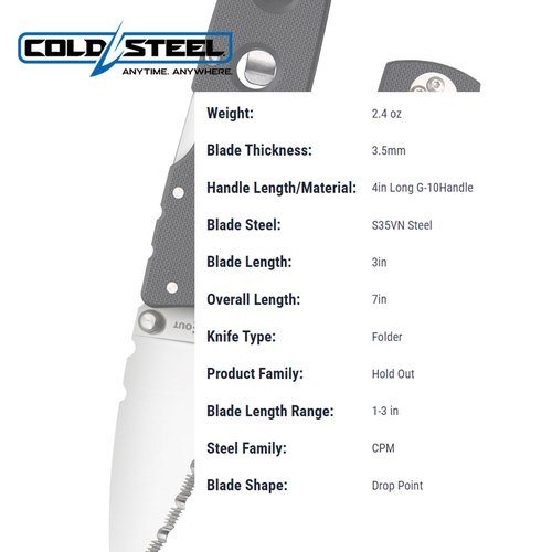 Cold Steel Hold Out 3" S35VN Serrated Blade 4" G-10 Handle Everyday Carry Pocket Folding Knife w/Tri-Ad Lock, Pocket Clip