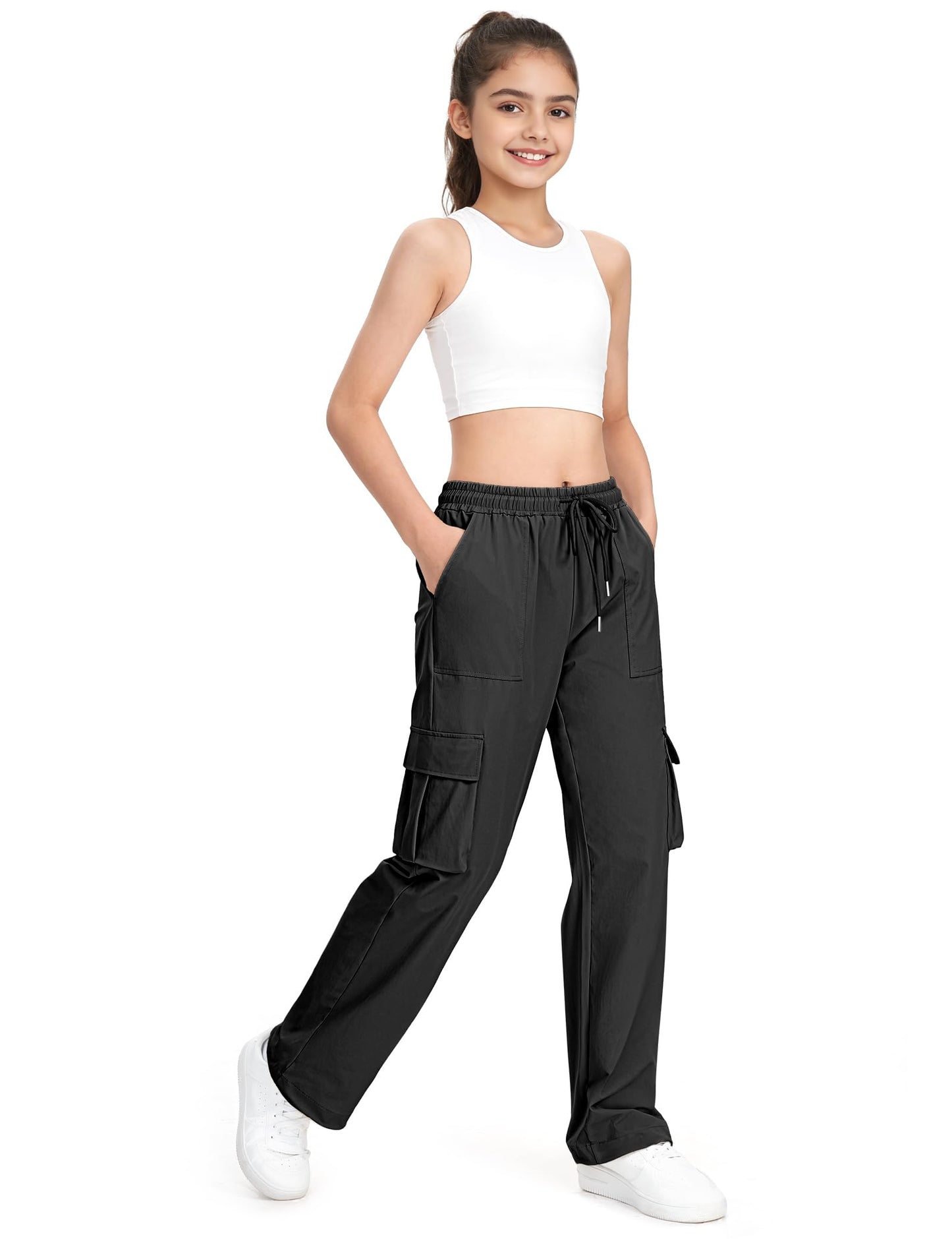 HASMES Girls Cargo Pants Kids Lightweight Hiking Pants Water Resistant Joggers with Pockets 7-15Y Black
