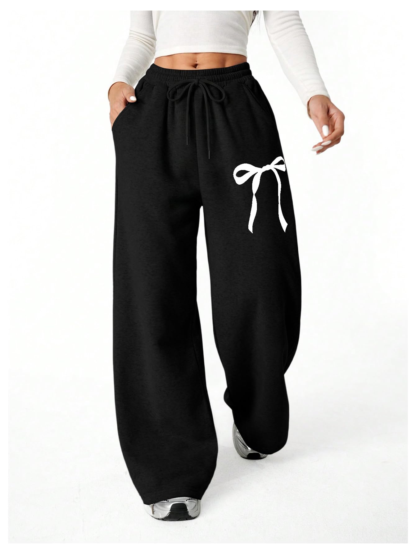 Verdusa Girl's Bowknot Baggy Sweatpants Lightweight Straight Leg Athletic Pants with Pockets Solid Black 12 Years