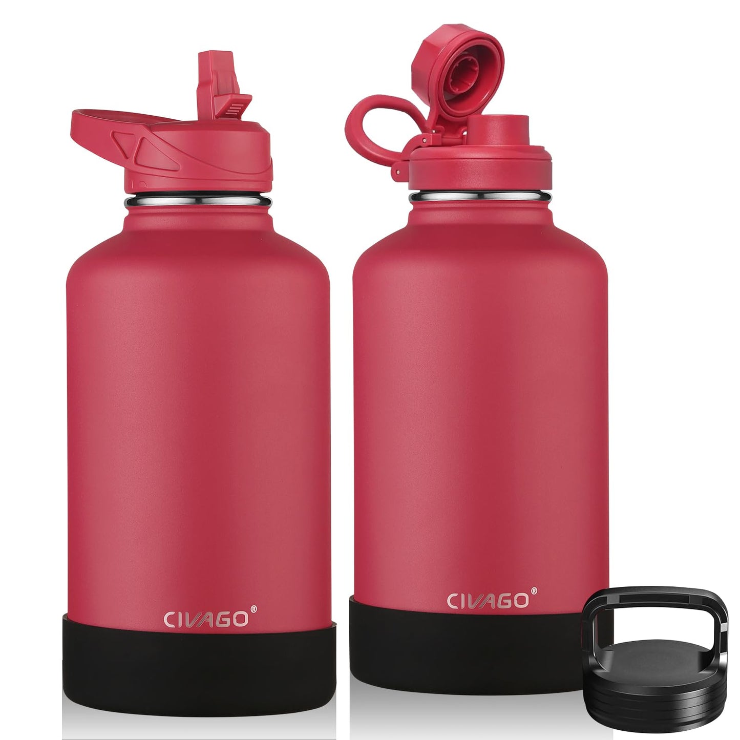 CIVAGO 64 oz Insulated Water Bottle With Straw, Half Gallon Stainless Steel Sports Water Flask Jug with 3 Lids (Straw, Spout and Handle Lid), Large Metal Thermal Cup Mug, Classic Red