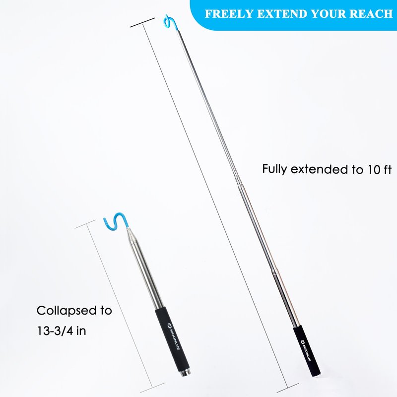 Moonlike Telescoping Pickup Grabber Tool Magnetic Pole with 2 Hook and a Magnet, 10 ft Telescopic Hook Pole Wire Reacher Tool Push Pull Rod, Disc Golf Retriever Pole, Disc Golf Accessories