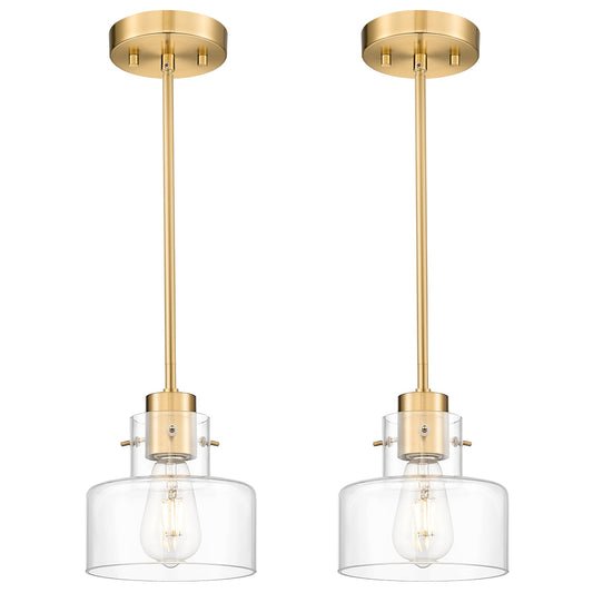 METWET 2 Pack Pendant Lights Kitchen Island, Brushed Gold Pendant Light Fixtures Over Island with Clear Glass Shade, 6" Modern Brass Kitchen Island Lighting for Dining Room Entryway, PL124-BG-G-2PK