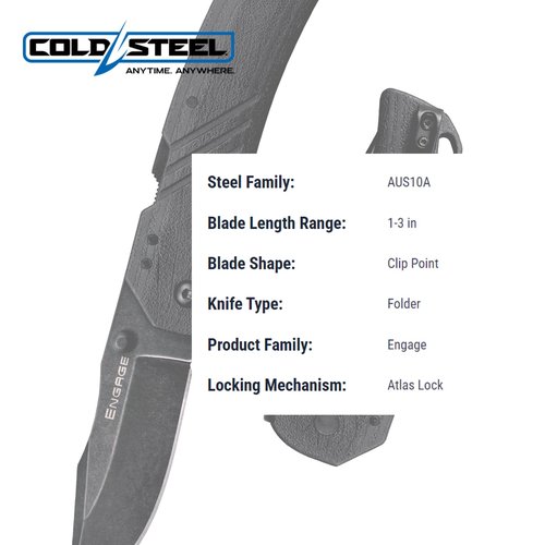 Cold Steel CS-FL-30DPLC-10B: 3" Engage Aus10A / 3" Clip Point Blade / 2.4Mm Thick, Black/Grey