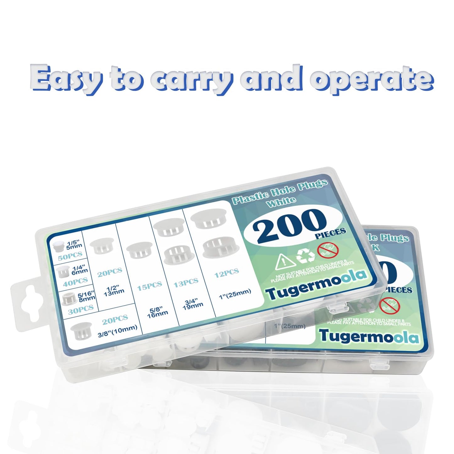 Tugermoola 200PCS 8 Sizes Plastic White Hole Plugs for Round Holes - 1/5" 1/4" 5/16" 3/8" 1/2" 5/8" 3/4" 1"