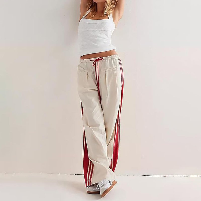 Yeenily Wide Leg Sweatpants Women Striped Drawstring Fall Pants Baggy Low Rise Drawstring Sport Sweatpants with Pocket (Apricot, M)