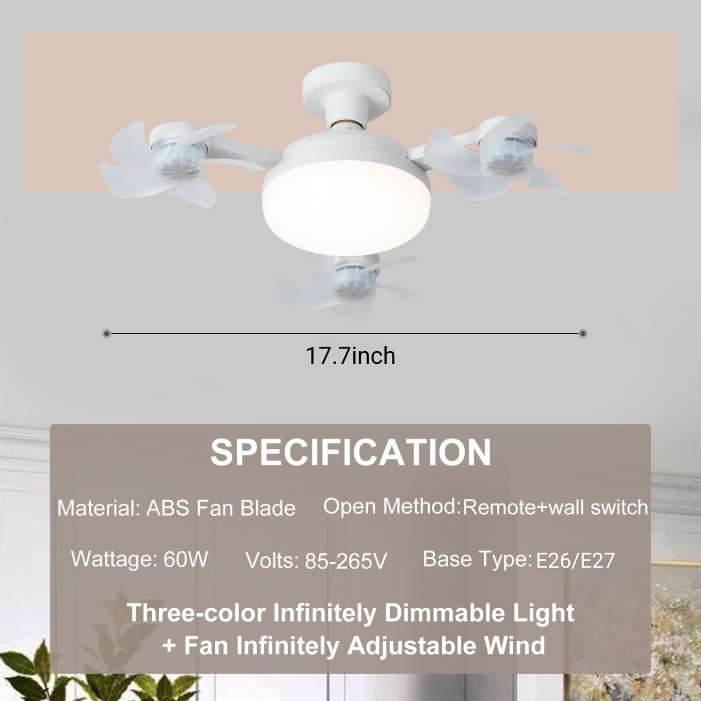 OOPTREVOL Socket Ceiling Fans with Lights and Remote 17.72" Low Profile Ceiling Fan with Light 3-Blade ABS Ceiling Fan with Light 3-Color Dimmable LED Ultra-Quiet Waterproof with Foldable Adapter