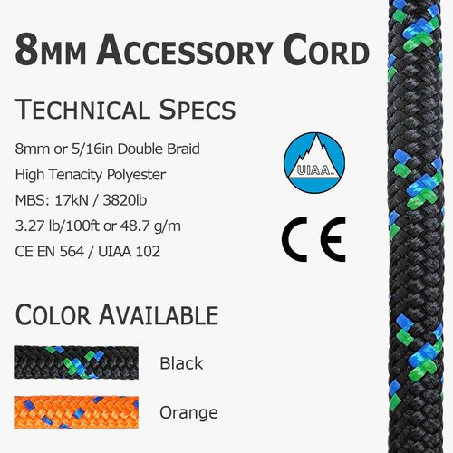GM CLIMBING 8mm Accessory Cord Rope Double Braid Pre Cut CE/UIAA (Black, 20ft 8mm)
