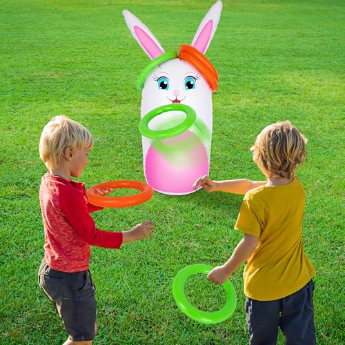 Outdoor Easter Bunny Ring Toss Game with Inflatable 34-Inch Bunny and 6 Rings