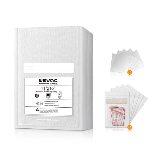 Wevac 11" x 16" Precut Vacuum Sealer Bags, 100 Count, Includes 5 Liquid Block Bags & 5 Bone Guard Pieces, Heavy Duty for Food Storage, Sous Vide & Meal Prep