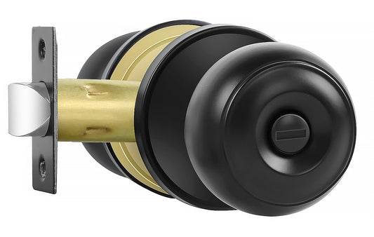 RAZCC Privacy Door Knobs, 1 Pack Matte Black Door Knobs with Lock, Bed and Bath Door Knob Interior Keyless Locksets, Round Door Handles Reversible for Left Right Handed Doors