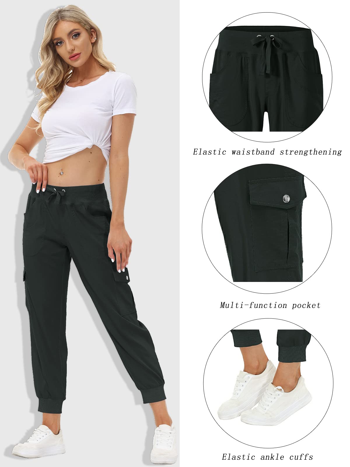 MoFiz Women Cargo Pants with Pockets Lightweight Outdoor Summer Travel Casual Hiking Pants Running Joggers Sweatpants Elastic Waist Dark Grey XL
