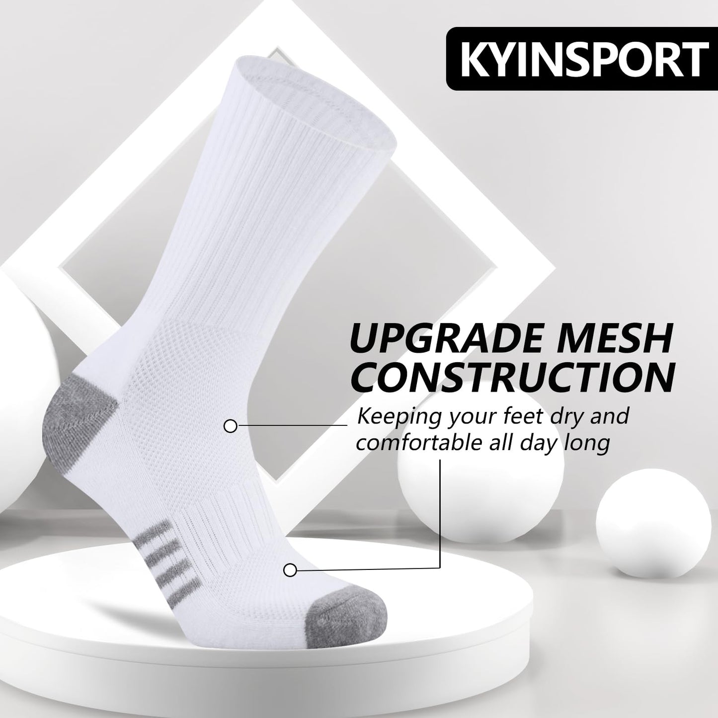 KYINSPORT Men's Athletic Cushioned Crew Socks - Cotton Cozy Running Socks, Moisture Wicking, Breathable Arch Support，6 Pack, White