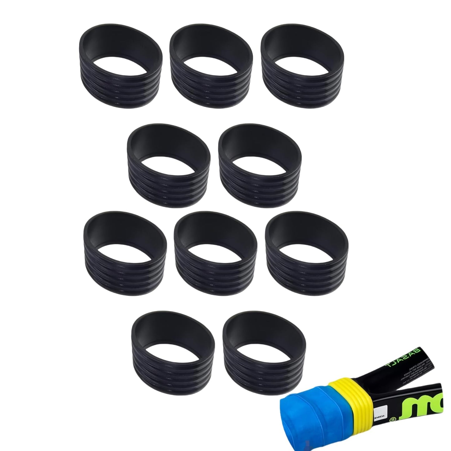 Myuiao 10Pcs Black Tennis Racket Handle Rubber Ring Stretchy Tennis Racquet Band Overgrips, Tennis Racket Grips, Racquet Accessories
