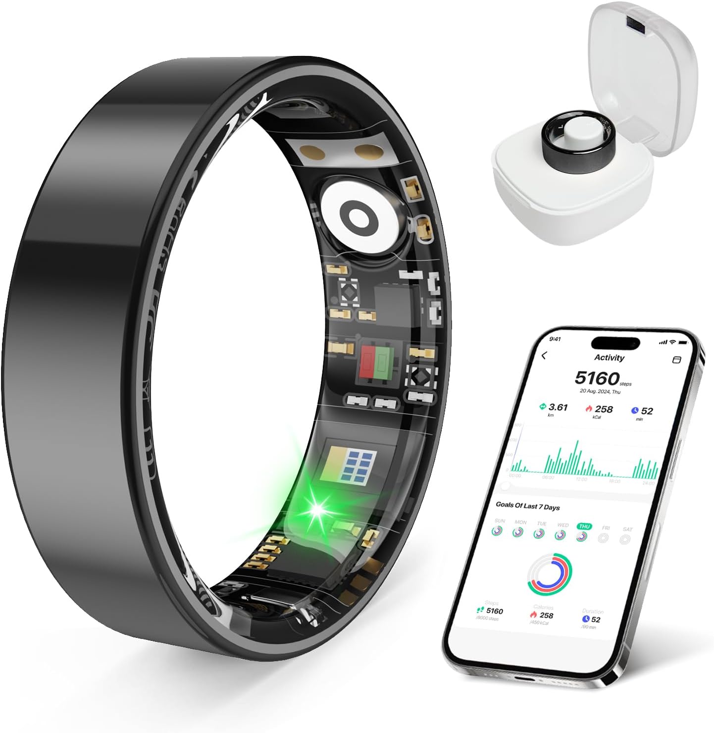 Smart Health Ring - Waterproof Fitness Tracker with Stress & Sleep Monitoring | Compatible with iOS & Android (Black, Size 9)