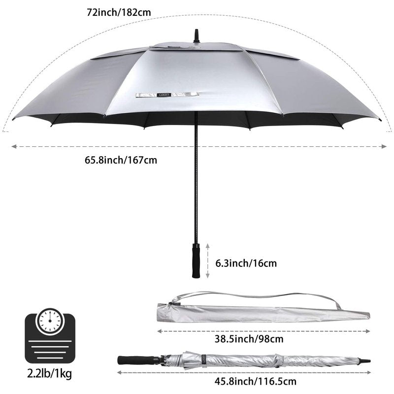 G4Free 72 Inch Huge Golf Umbrella UV Protection Auto Open Windproof Umbrella Oversized Extra Large Vented Double Canopy for Family (Silver/Black)