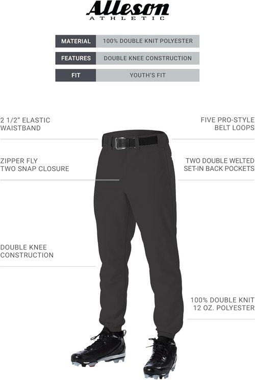 Alleson Athletic Boys Baseball Pants - Classic Fit with Elastic Bottom, Durable Fabric & Secure Waistband