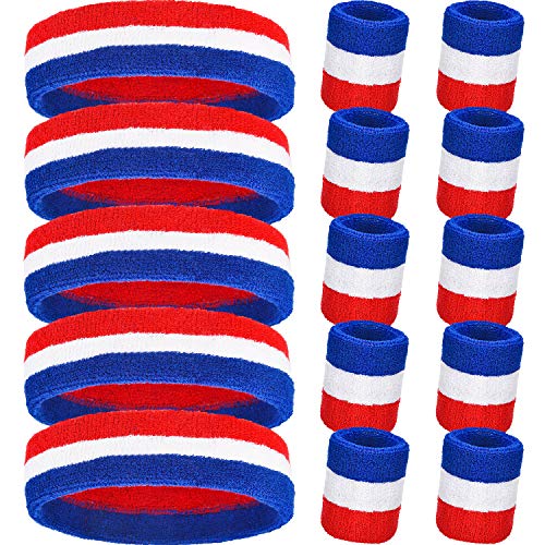 Bememo 15-Piece Sports Sweatband Set for Men Women - Headbands & Wristbands, Red White Blue