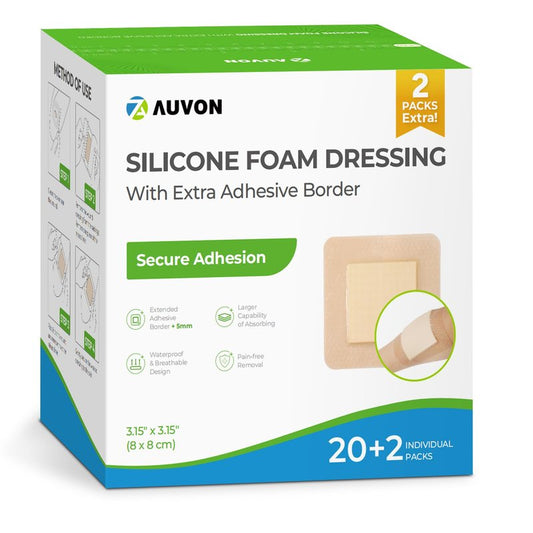 AUVON Silicone Foam Dressing with Large Adhesive Border, 3" x 3" 22 Packs Wound Dressing Bandage with High Absorbency, Waterproof Silicone Foam Pads for Wound Care, FSA/HSA Eligible