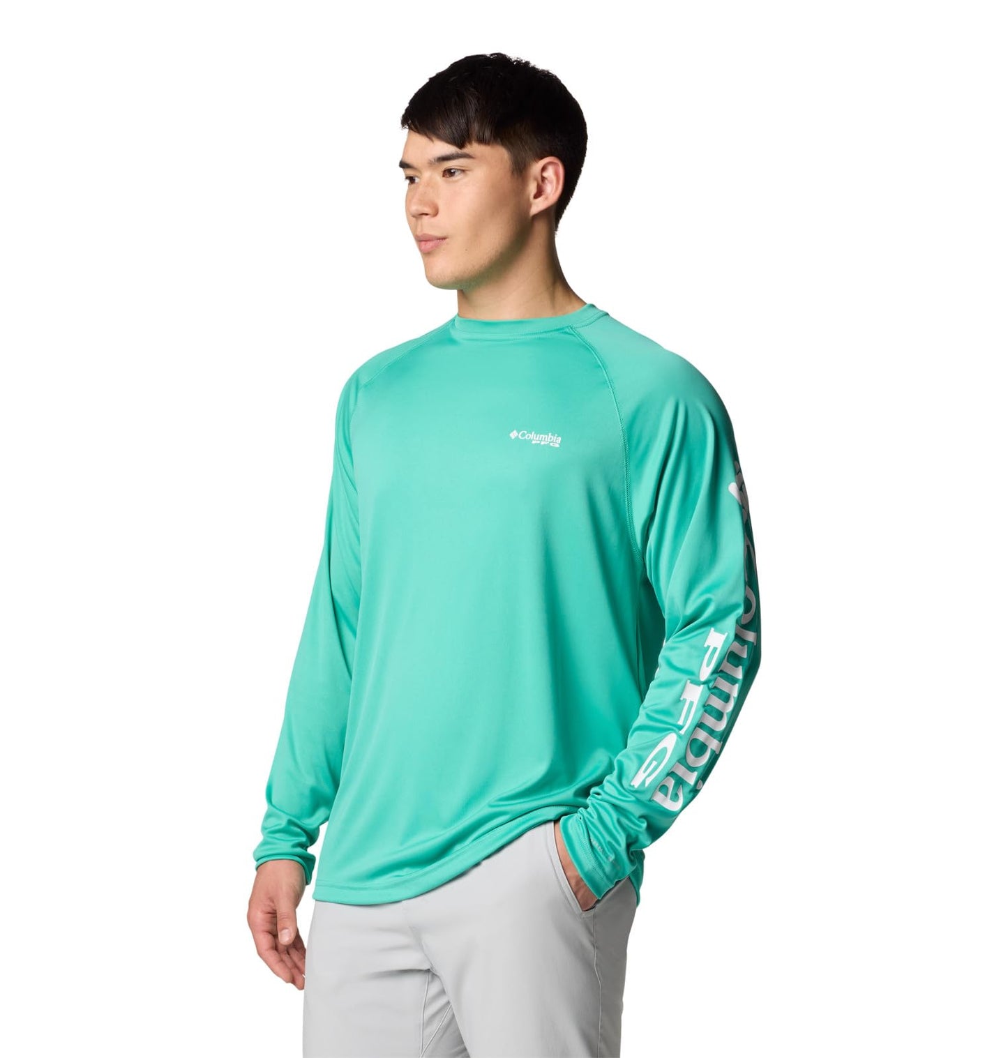 Columbia Men's PFG Terminal Tackle Long Sleeve Fishing Shirt, Glaze Green/White Logo, Small