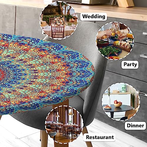 Butaluk Round Fitted Tablecloth 40-44 inch Elastic Waterproof Blue - Outdoor Picnic Table Cover