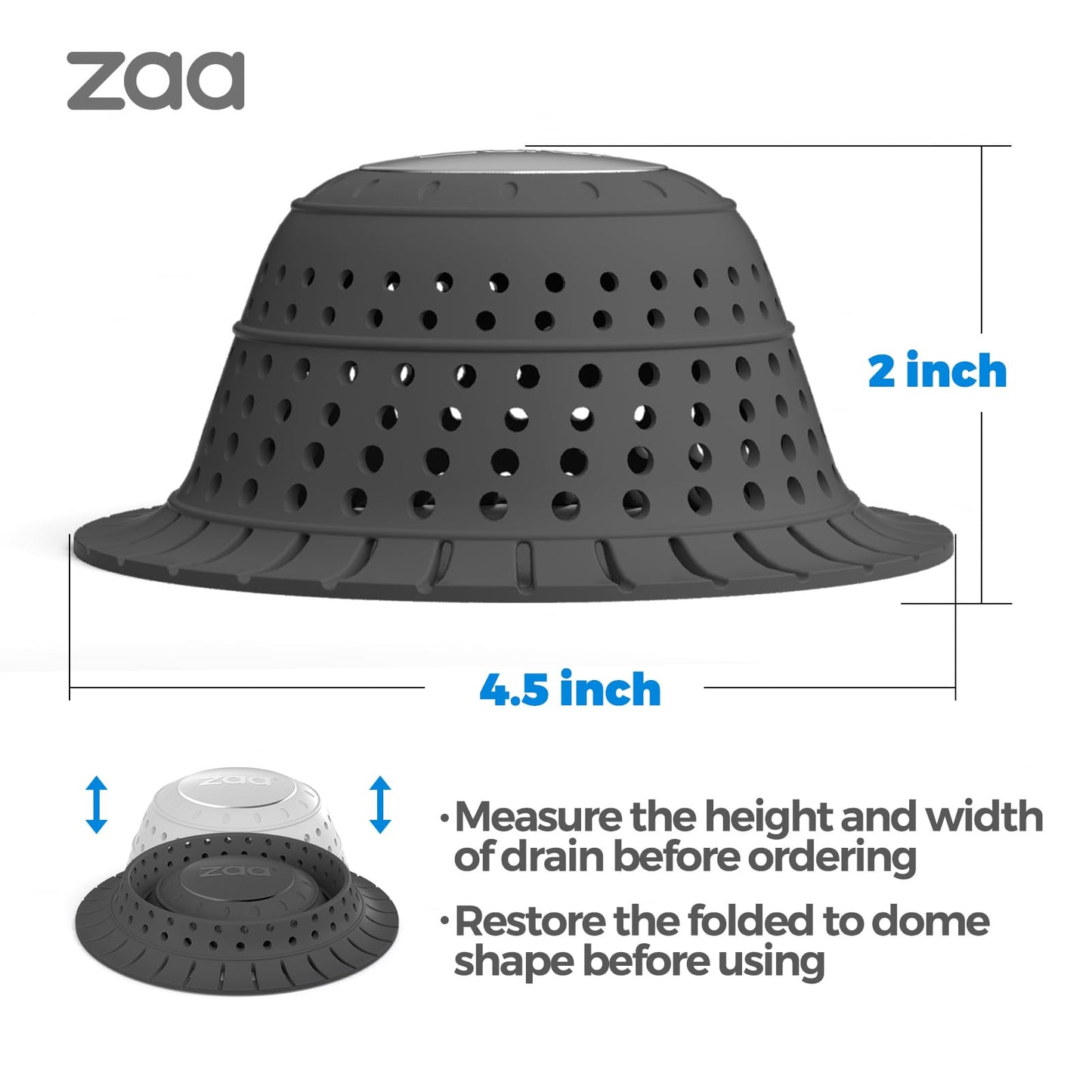 zaa Bathtub Drain Hair Catcher, Premium Silicone Collapsible One Pack Drain Protector for Pop-Up and Regular Drains of Shower, Bathtub, Tub, Bathroom, Sink, Black