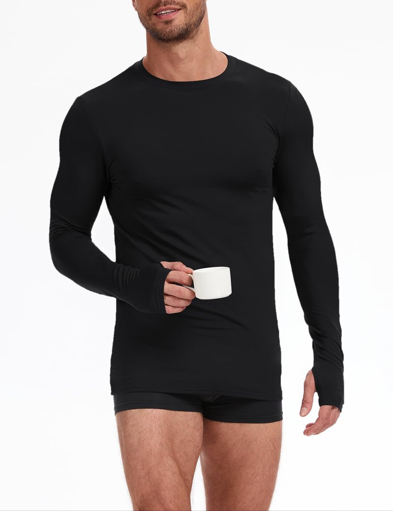 Tfovorlein Long Sleeve Undershirt for Men Thermal Underwear Shirts Fitted Fleece Lined Soft Warm Mens Running Basic Baselayer Winter Tops with Thumb Holes Black XL