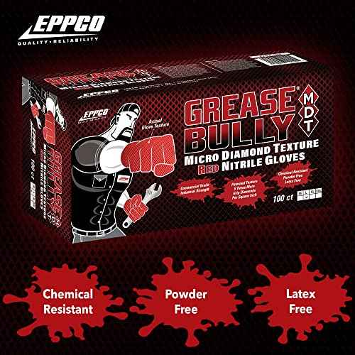 EPPCO Grease Bully 7-Mil Red Nitrile Gloves Disposable Powder Free, Latex Free Textured Superior Grip Glove, Singles