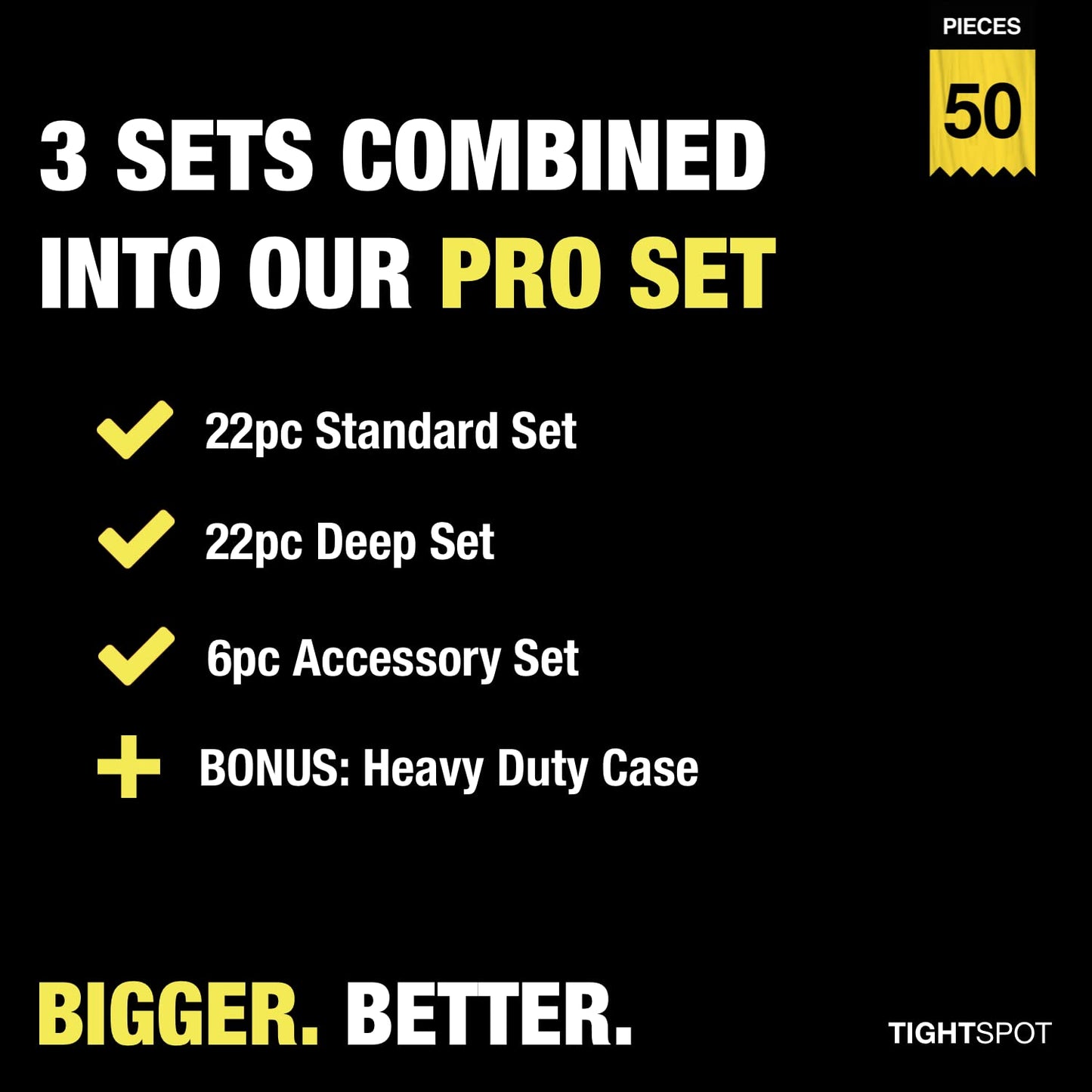 TIGHTSPOT 3/8" Drive 50pc Impact Socket PRO SET, our Most Popular Set Ever with SAE & Metric from 5/16 Inch - 3/4 Inch, 8mm-19mm + 21mm + 22mm, Standard/Deep Sockets, Extension Bars, Adapters & More