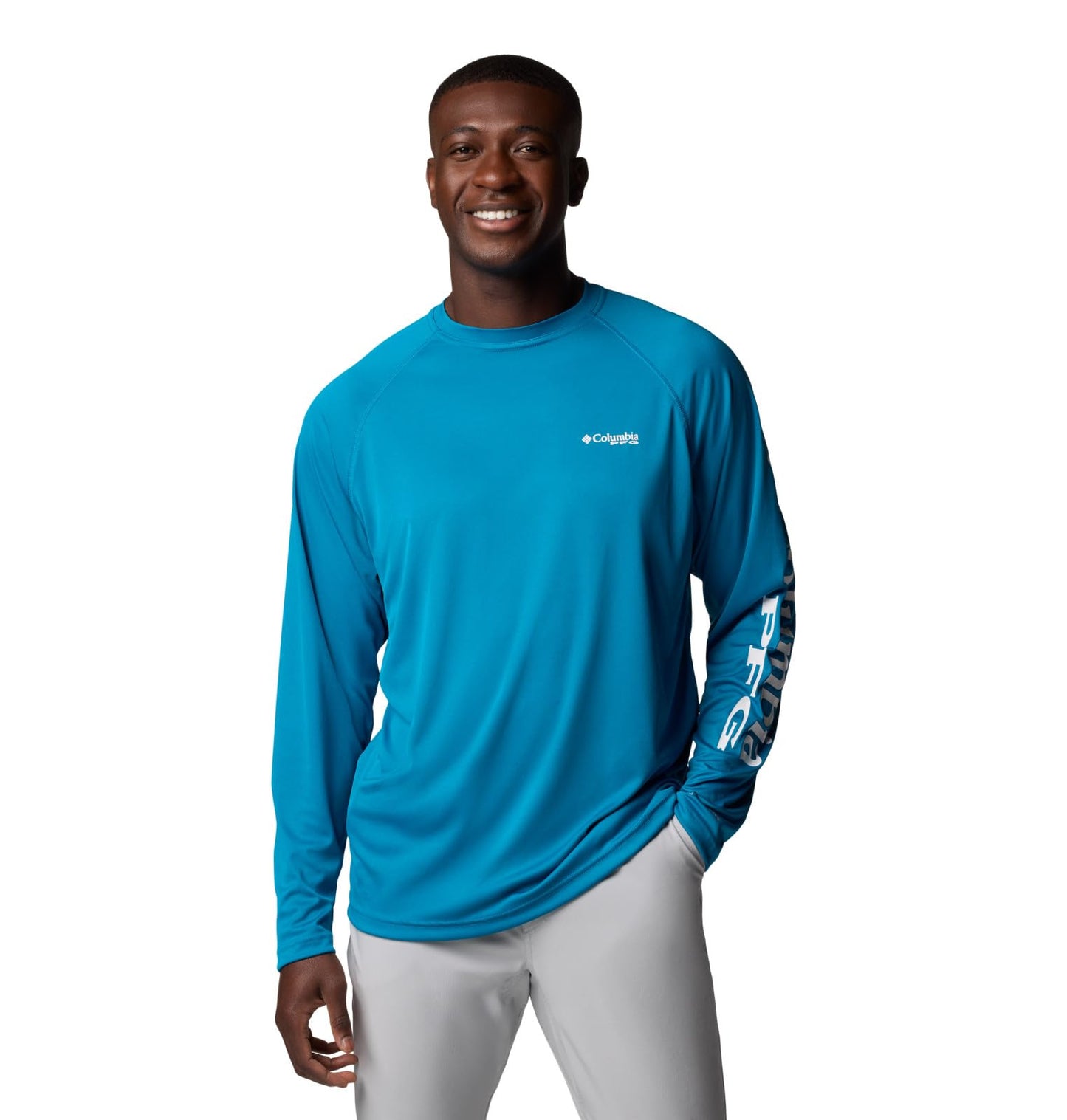 Columbia Men's PFG Terminal Tackle Long Sleeve Fishing Shirt, Blue Echo/White Logo, X-Large Tall