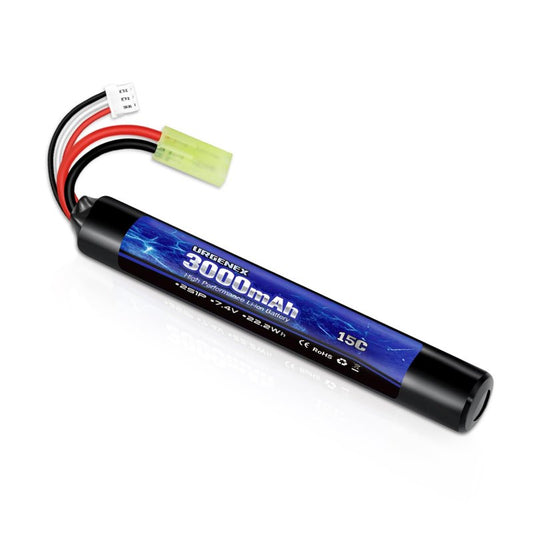 URGENEX 3000mAh Airsoft Battery 7.4V Stick Battery with Dean-Style T Plug 2S Rechargeable Stick Shape RC Lithium-ion Fit for Most Airsoft Model Guns Rifles