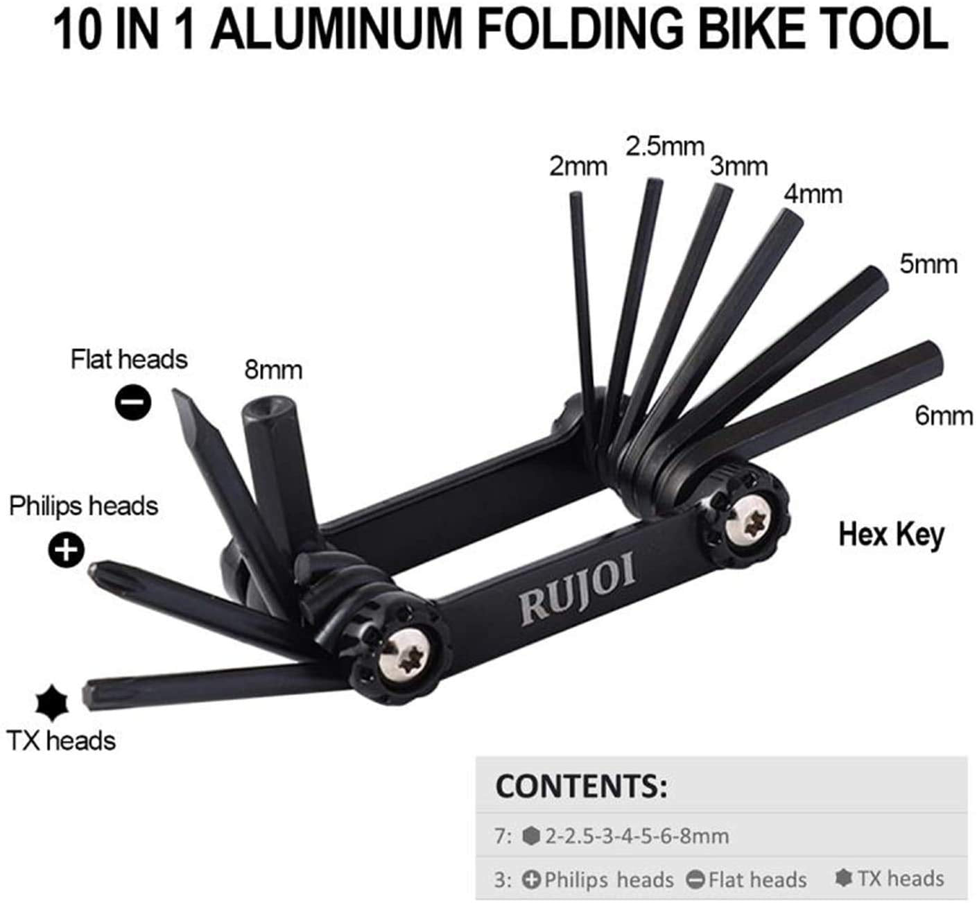 RUJOI Bike Repair Set Bag Tool Kit, 10 in 1 Multi Function Tool Kit Hex Key Allen Wrench,2PCS Staniless Tire Lever,6 PCS Glueless Tire Patch Kit Repair with MTB and Road Bike
