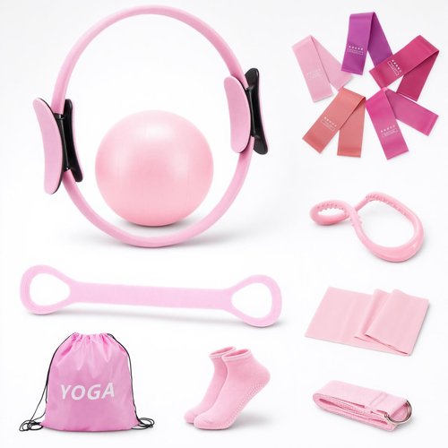 FITOUNOS Pilates Ring Set for Women, Home Workout Pilates Equipment with Resistance Bands, 14'' Magic Circle, Mini Ball, Pilates Starter Kit for Strength (Pink)