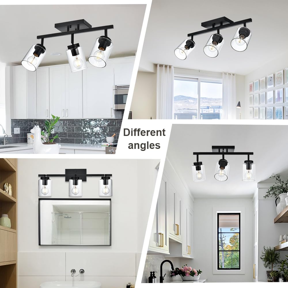 VINLUZ 3 Light Black Wall Sconces Bathroom Vanity Lighting Fixture with Clear Glass Shade Classic Spotlight Fixture with Rotatable Light Head Metal Ceiling Light Fixture