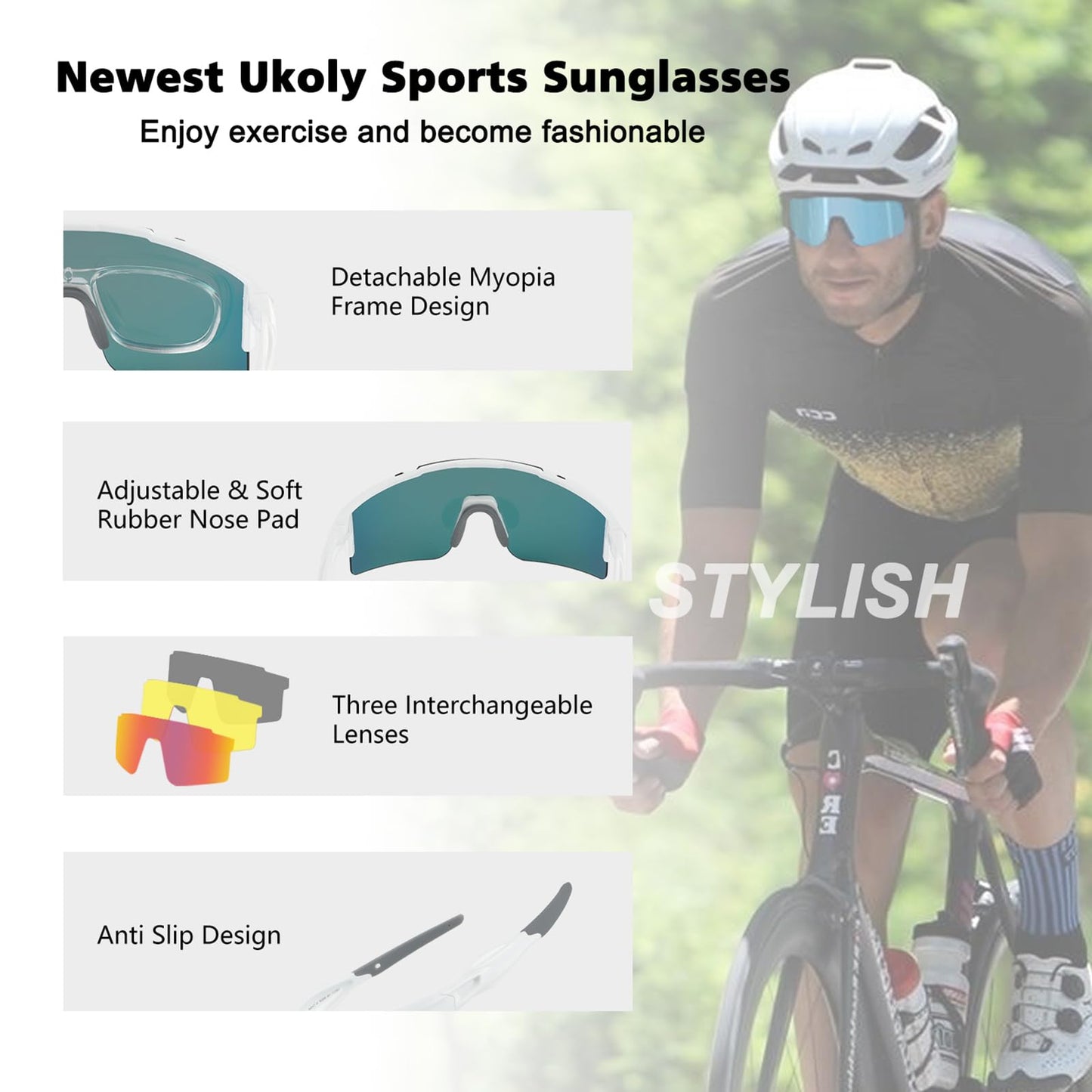 Ukoly Cycling Sunglasses for Men & Women - 3 Interchangeable Lenses, Polarized Sports Sunglasses, Baseball Style - 550 Set WR