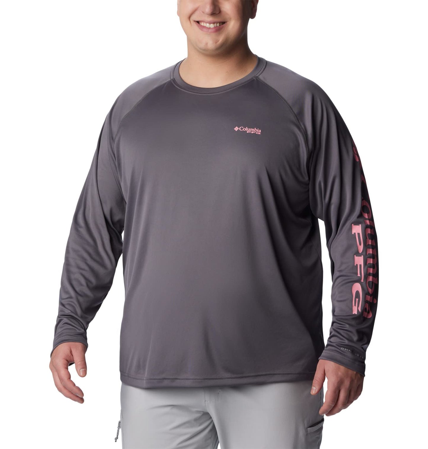 Columbia Men's Terminal Tackle Long Sleeve Shirt, City Grey/Pink Pop Logo, 2X Tall