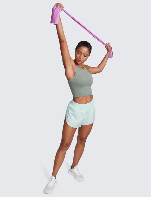 CRZ YOGA Seamless Ribbed High Neck Crop Tank Tops - Longline Racerback Padded Sports Bra for Women