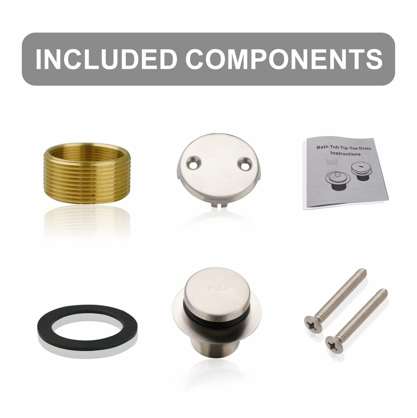Welsan Bathtub Drain Tip Toe Tub Conversion Kit, Replacement Bath Trim with Two-Hole Overflow Faceplate and Universal Fine/Coarse Thread Assembly, Brushed Nickel