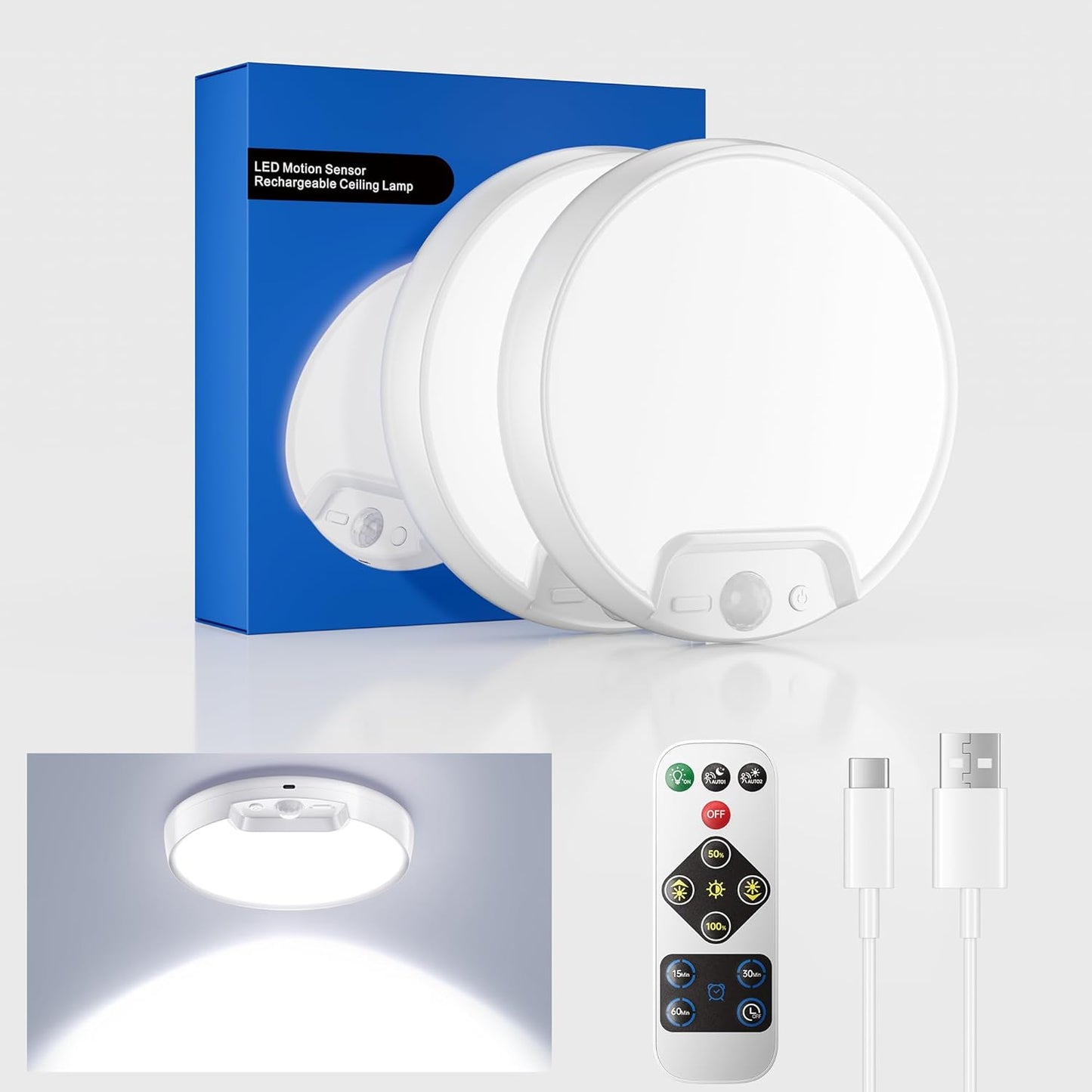 Rechargeable Motion Sensor Ceiling Light 2-Pack with Remote - Battery-Powered 6000K Cool White for Closet, Hallway, Shed & Stairs
