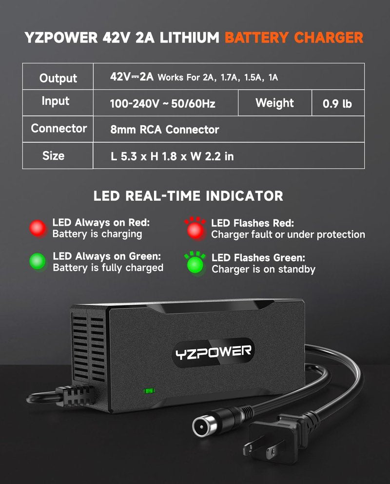 YZPOWER 42V 2A Scooter Charger for Segway Ninebot, Compatible with MAX G2 G30LP E2 Pro F65 F40 F30 D28 D40 ES2 ES4 E22 E45, Replacement Power Adapter for 36V Lithium Battery, RCA Round Charging Port