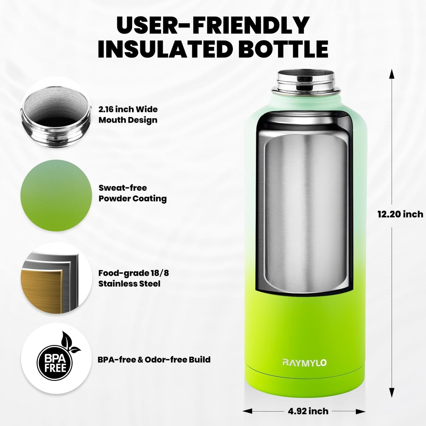 RAYMYLO Insulated Water Bottle - 87 oz Triple Wall Vacuum Stainless Steel | Cold for 48 Hrs, Leak Proof, Ombre Green